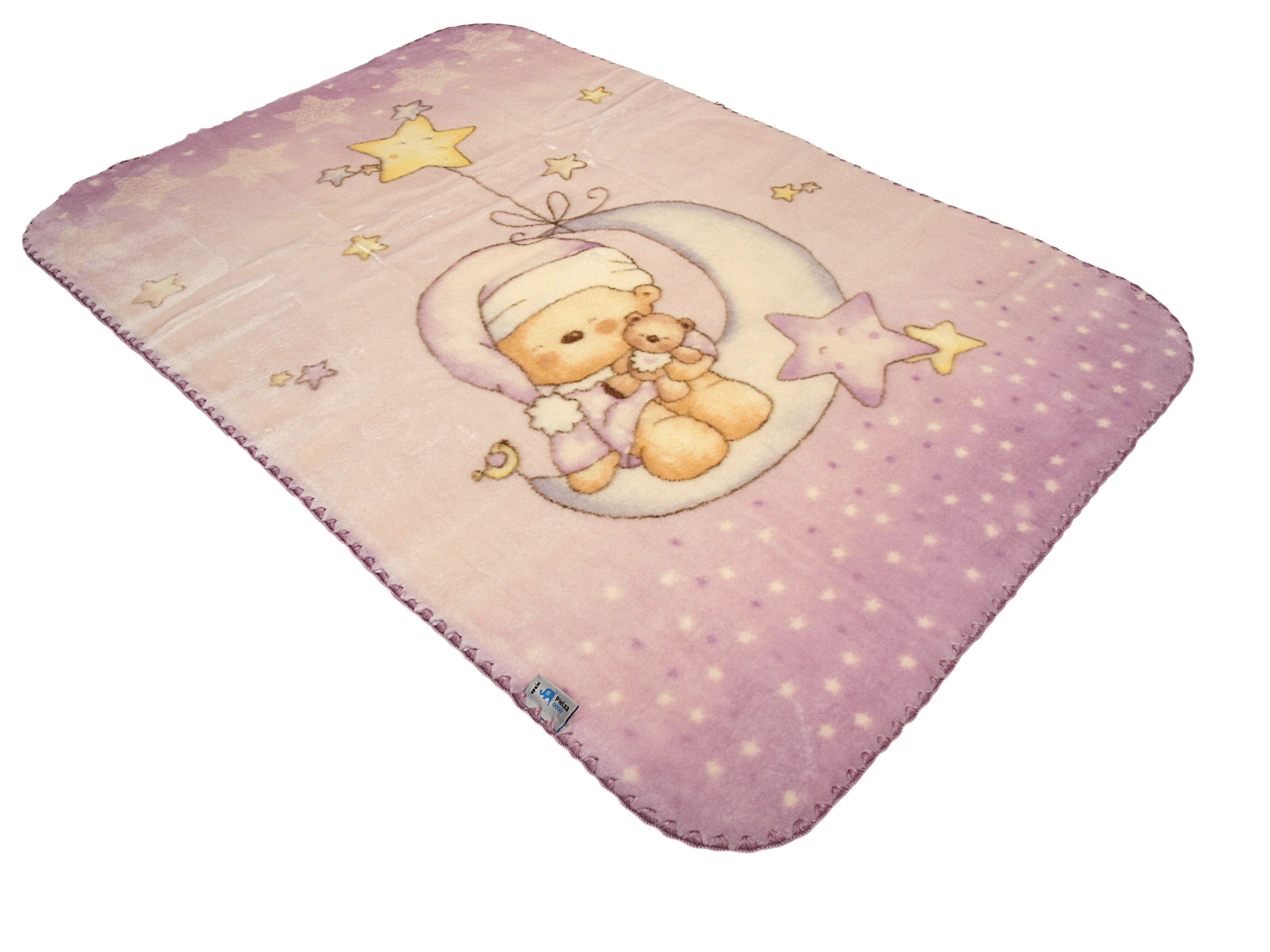 Wohn- und Schlafdecke bedruckt Mond-Teddy-Sterne lila
